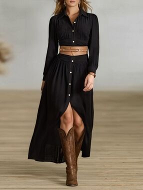 Modesees Pleated Lapel Single Breasted Long Sleeve Button Maxi Dress Small Black